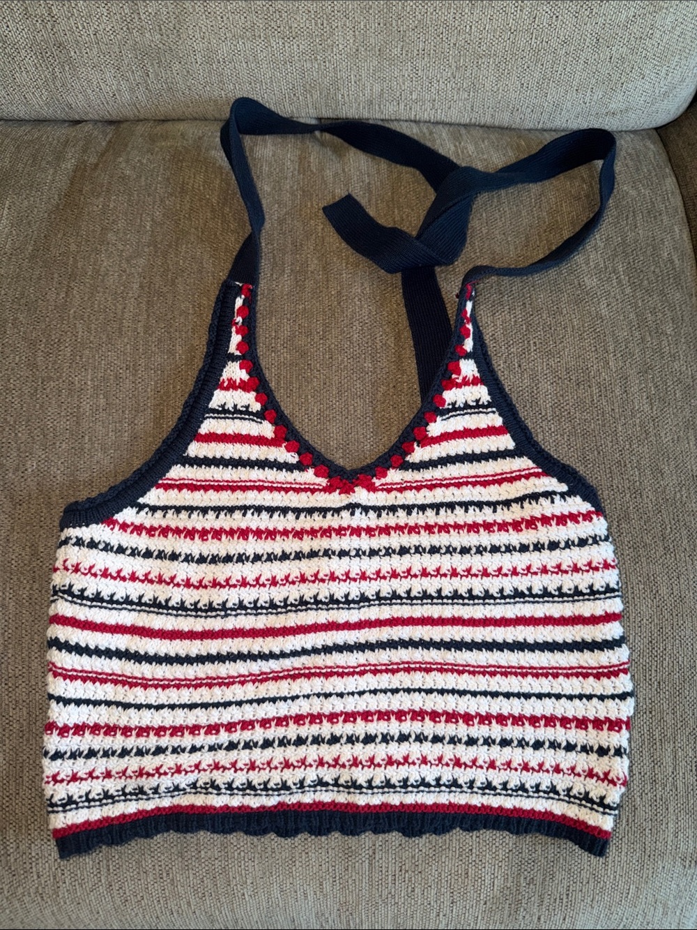 moon & madison Navy, White & Red Crocheted Halter Crop Top